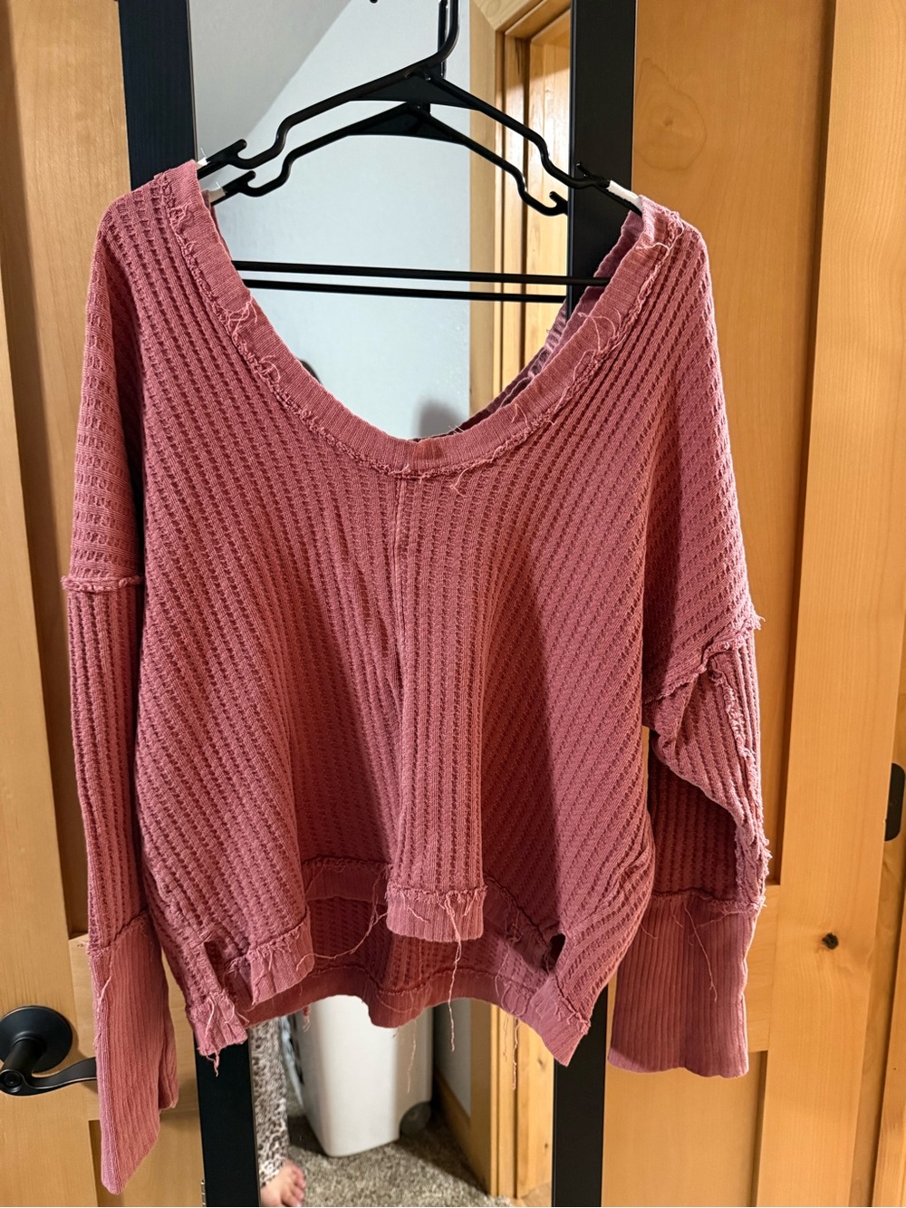 We The Free Washed Rose Distressed Waffle Pullover